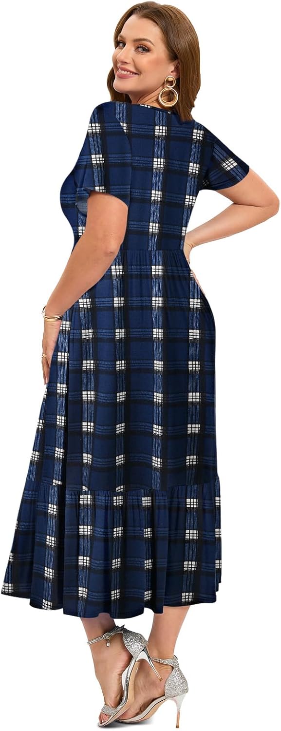 LARACE Plus Size Dresses for Women Summer Casual Short Sleeve Long Dress Flowy Maxi Beach Dresses with Pockets L-6XL