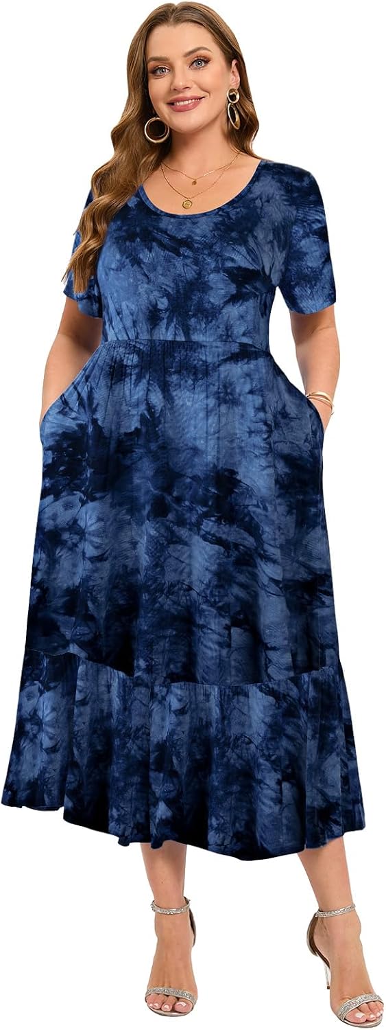 LARACE Plus Size Dresses for Women Summer Casual Short Sleeve Long Dress Flowy Maxi Beach Dresses with Pockets L-6XL