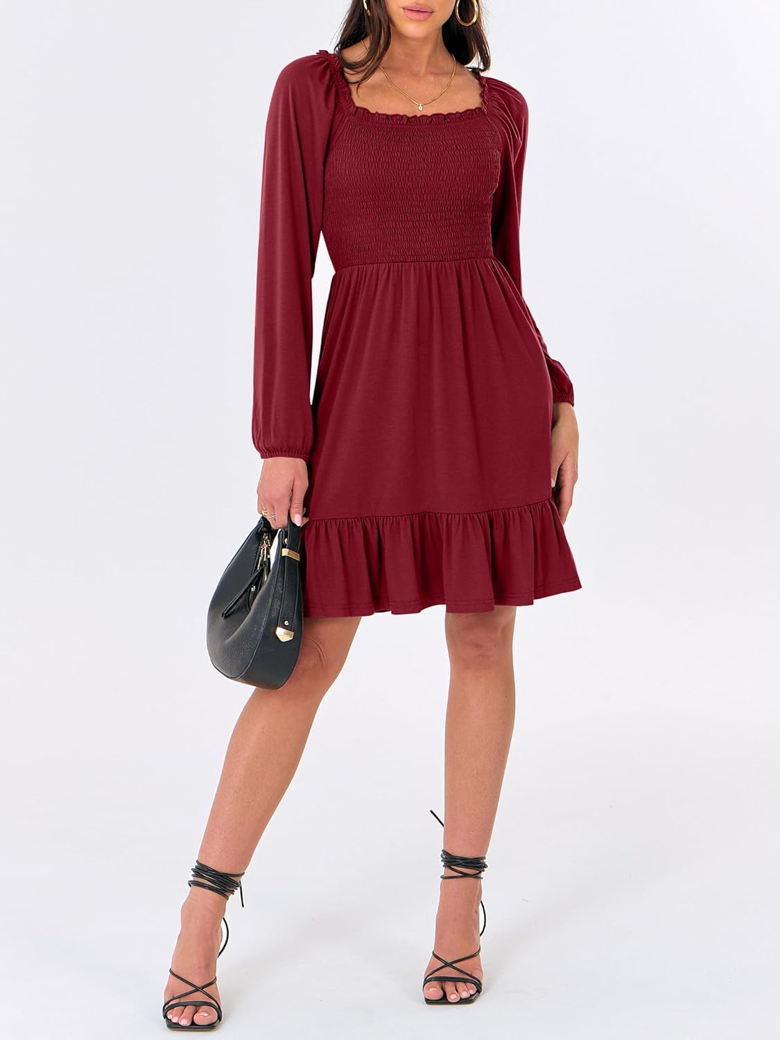 Womens Long Lantern Sleeve Square Neck Dress Smocked Tiered High Waist Ruffle Flowy Swing 2025