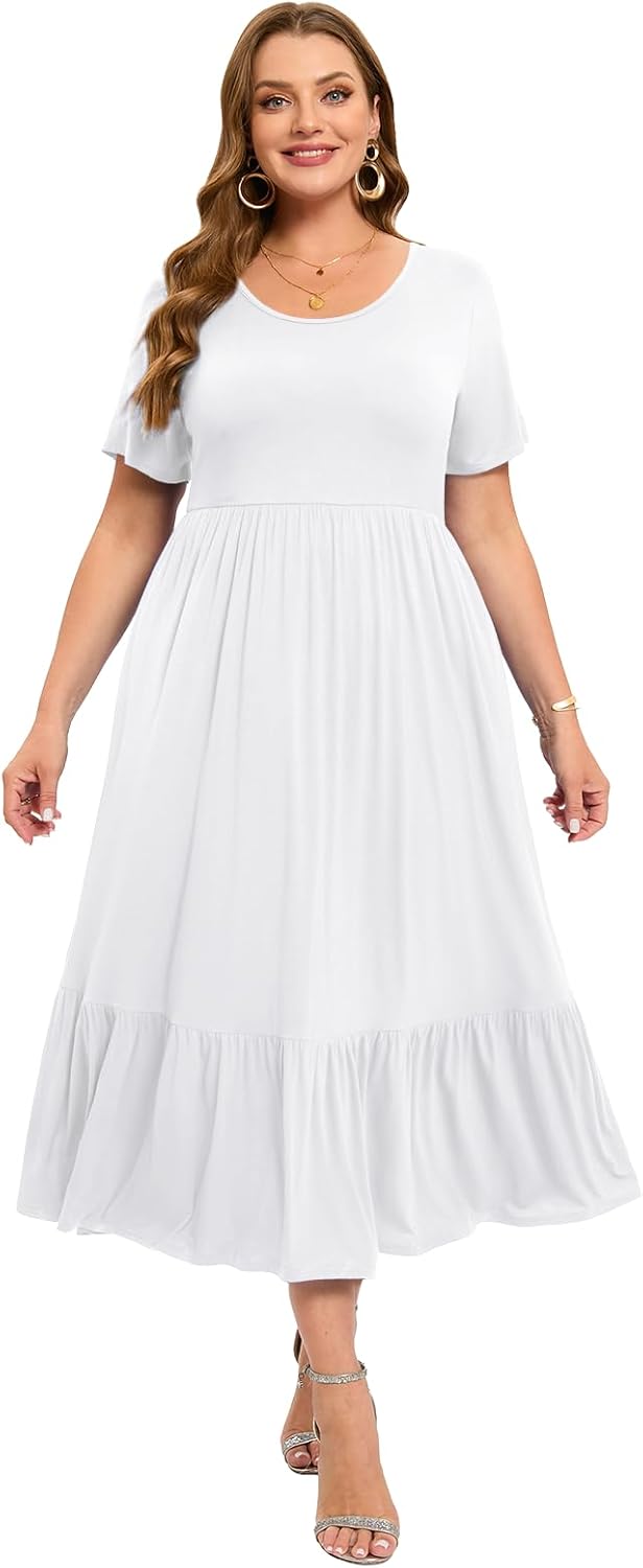 LARACE Plus Size Dresses for Women Summer Casual Short Sleeve Long Dress Flowy Maxi Beach Dresses with Pockets L-6XL