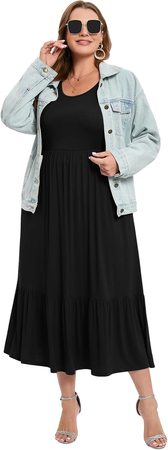 LARACE Plus Size Dresses for Women Summer Casual Short Sleeve Long Dress Flowy Maxi Beach Dresses with Pockets L-6XL