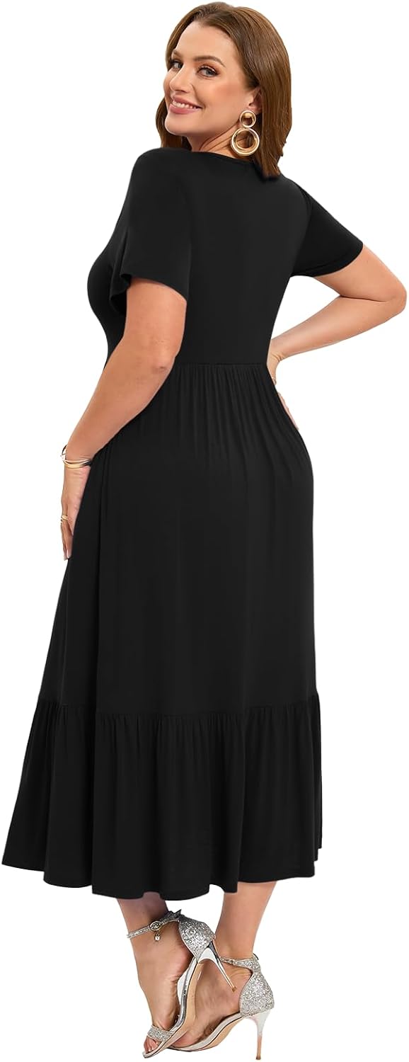 LARACE Plus Size Dresses for Women Summer Casual Short Sleeve Long Dress Flowy Maxi Beach Dresses with Pockets L-6XL