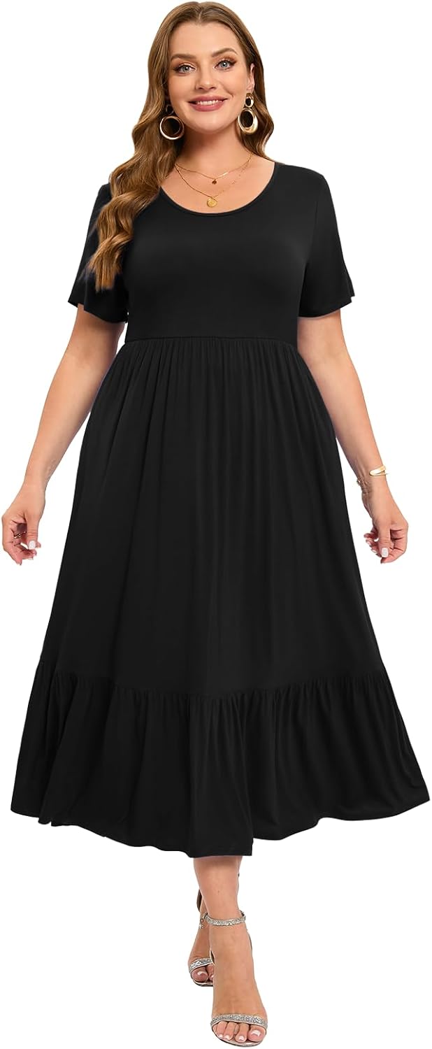 LARACE Plus Size Dresses for Women Summer Casual Short Sleeve Long Dress Flowy Maxi Beach Dresses with Pockets L-6XL