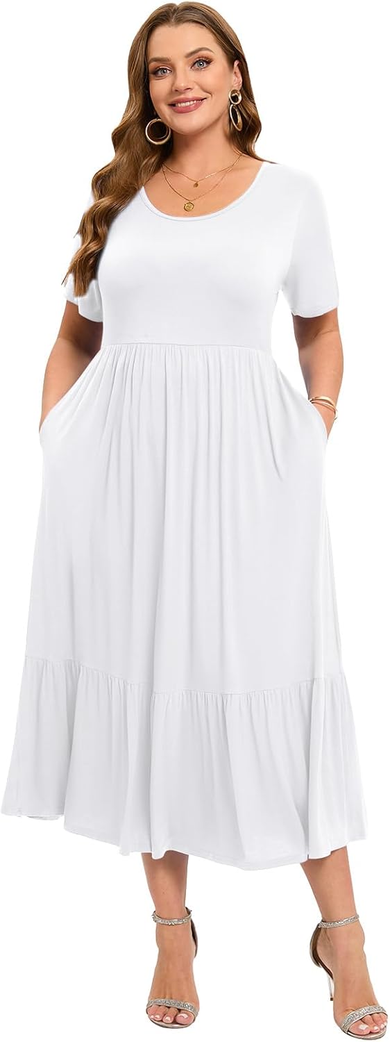 LARACE Plus Size Dresses for Women Summer Casual Short Sleeve Long Dress Flowy Maxi Beach Dresses with Pockets L-6XL