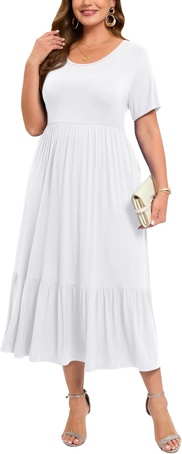 LARACE Plus Size Dresses for Women Summer Casual Short Sleeve Long Dress Flowy Maxi Beach Dresses with Pockets L-6XL