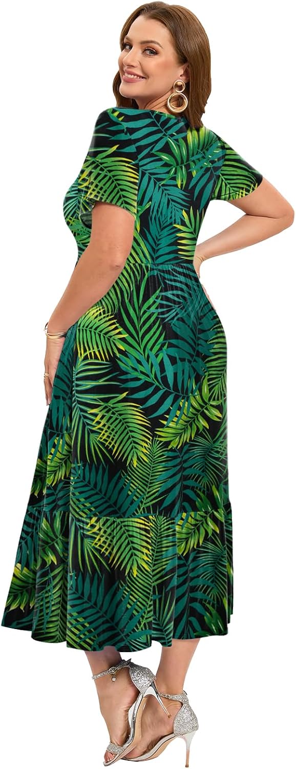 LARACE Plus Size Dresses for Women Summer Casual Short Sleeve Long Dress Flowy Maxi Beach Dresses with Pockets L-6XL