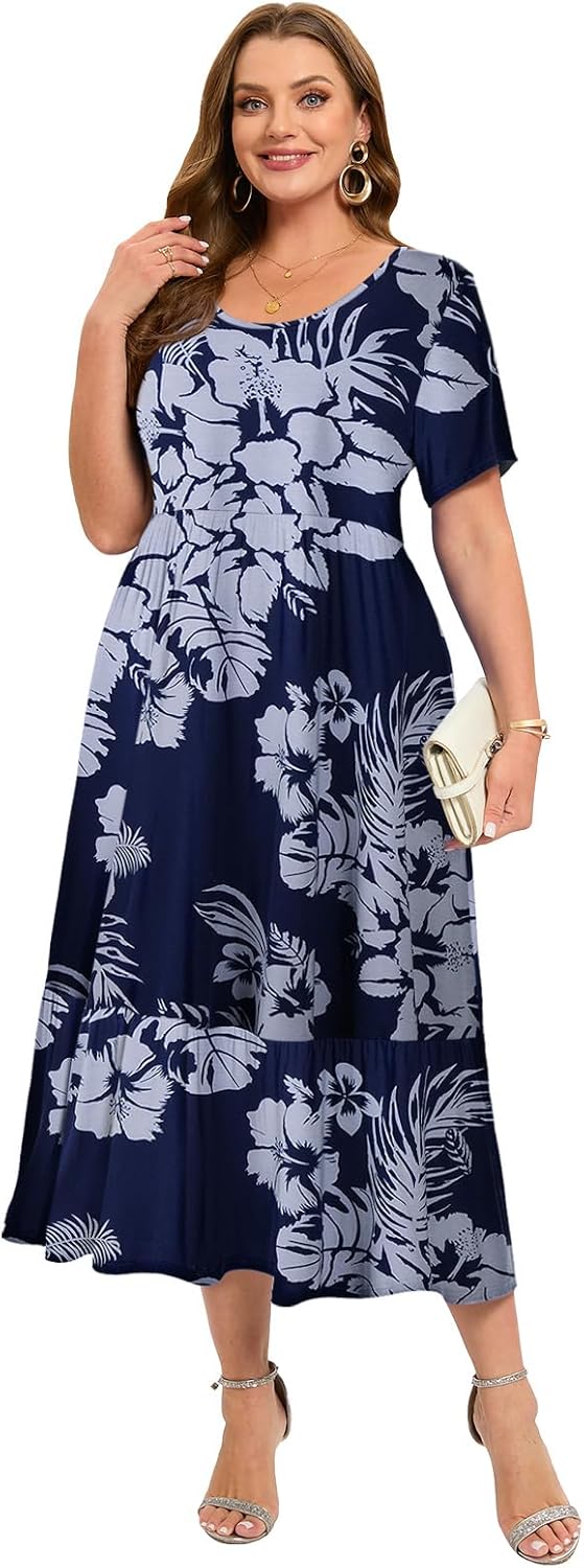 LARACE Plus Size Dresses for Women Summer Casual Short Sleeve Long Dress Flowy Maxi Beach Dresses with Pockets L-6XL