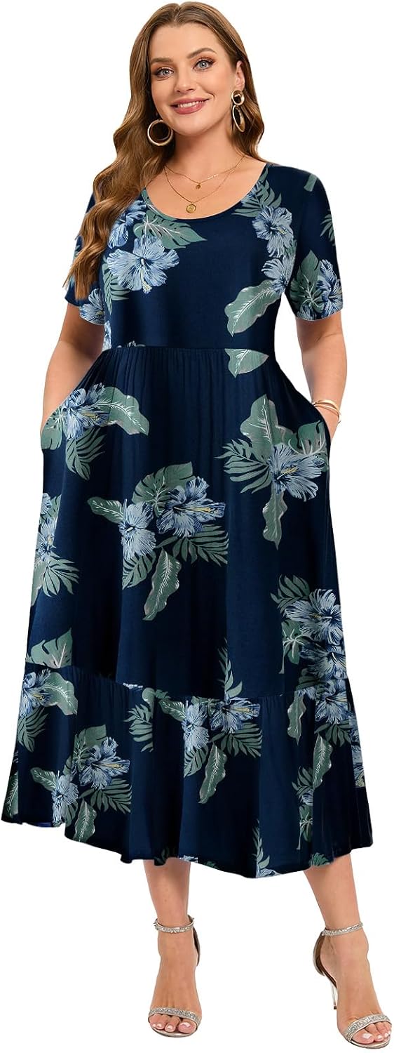 LARACE Plus Size Dresses for Women Summer Casual Short Sleeve Long Dress Flowy Maxi Beach Dresses with Pockets L-6XL