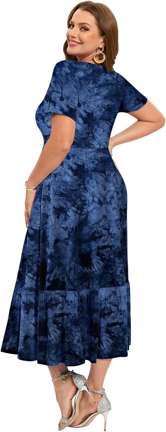 LARACE Plus Size Dresses for Women Summer Casual Short Sleeve Long Dress Flowy Maxi Beach Dresses with Pockets L-6XL