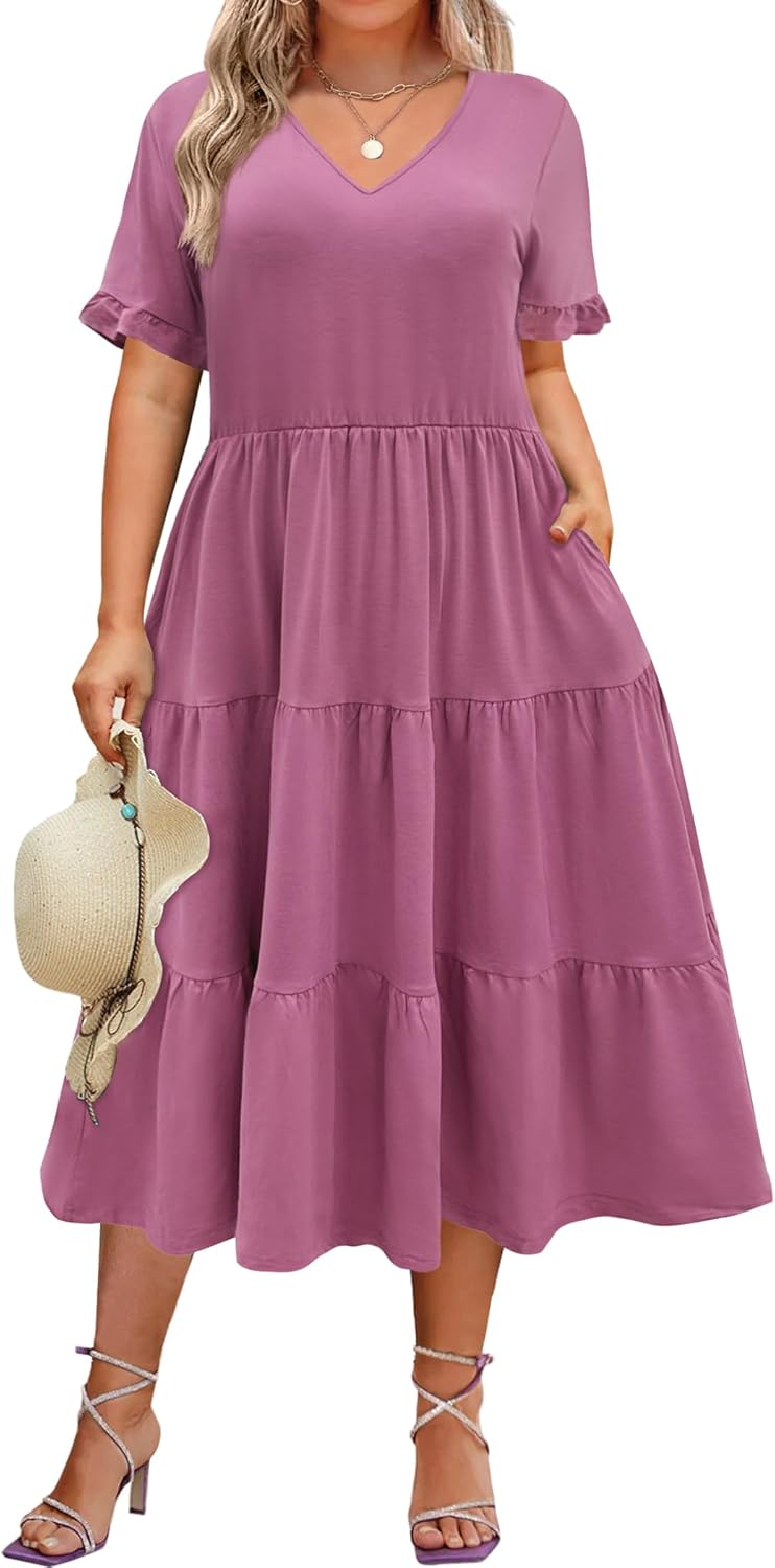 Womens Plus Size Short Sleeve Dress Summer Midi Casual Tiered V-Neck Aline Flowy Loose Dresses