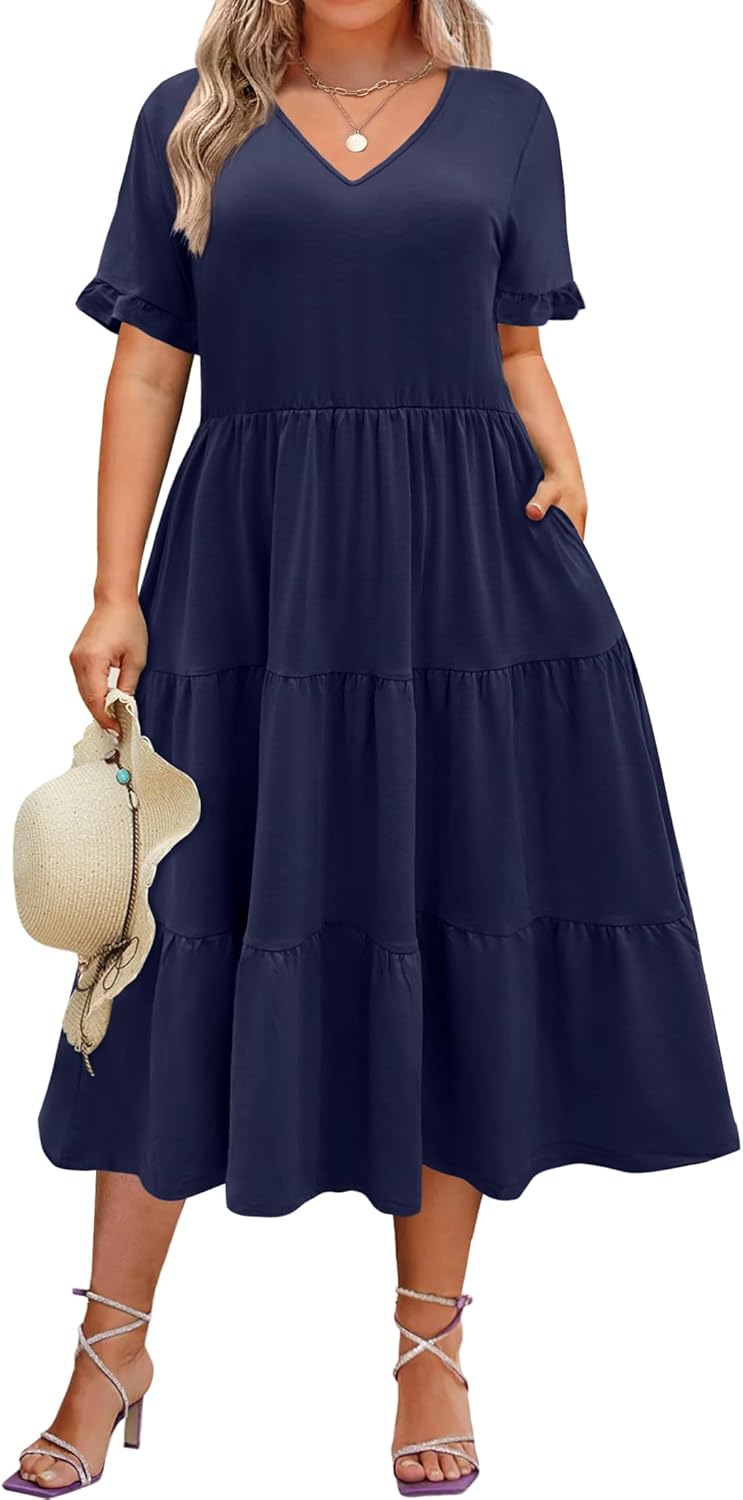 Womens Plus Size Short Sleeve Dress Summer Midi Casual Tiered V-Neck Aline Flowy Loose Dresses