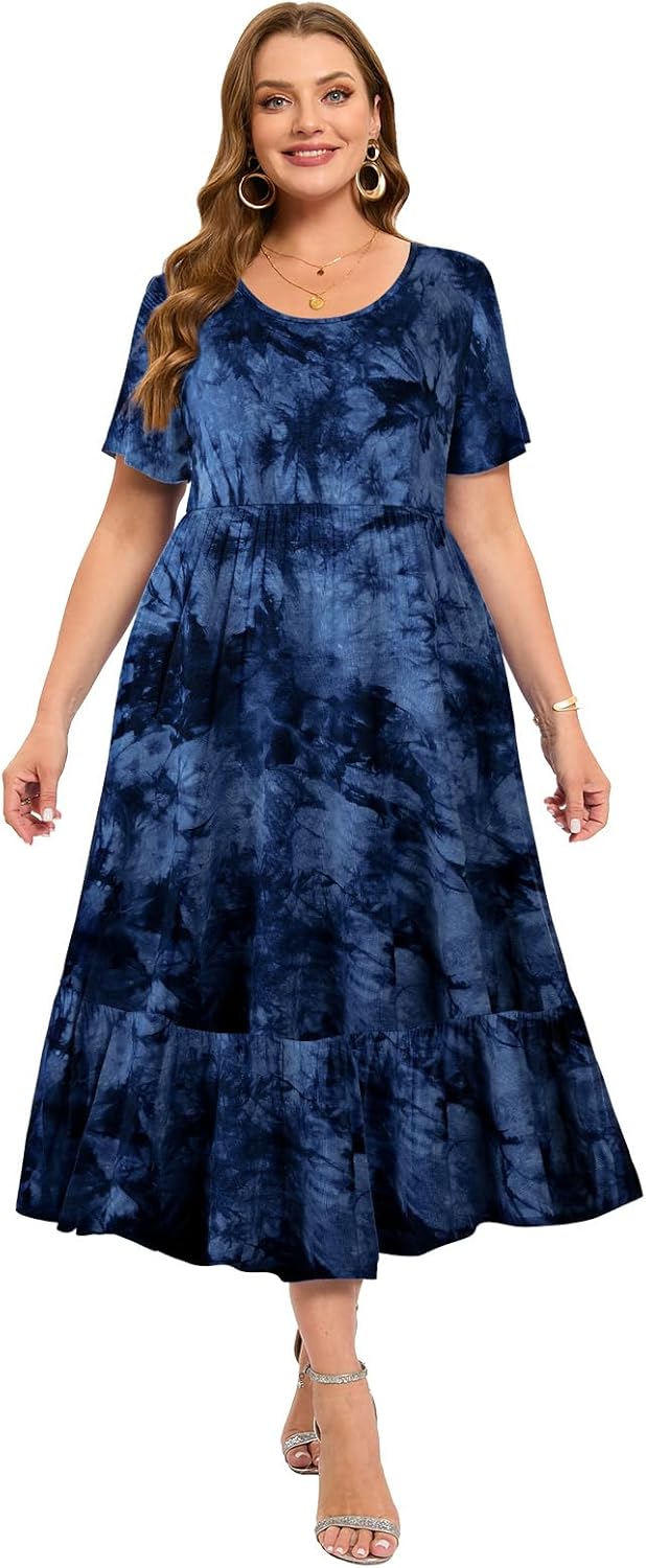 LARACE Plus Size Dresses for Women Summer Casual Short Sleeve Long Dress Flowy Maxi Beach Dresses with Pockets L-6XL