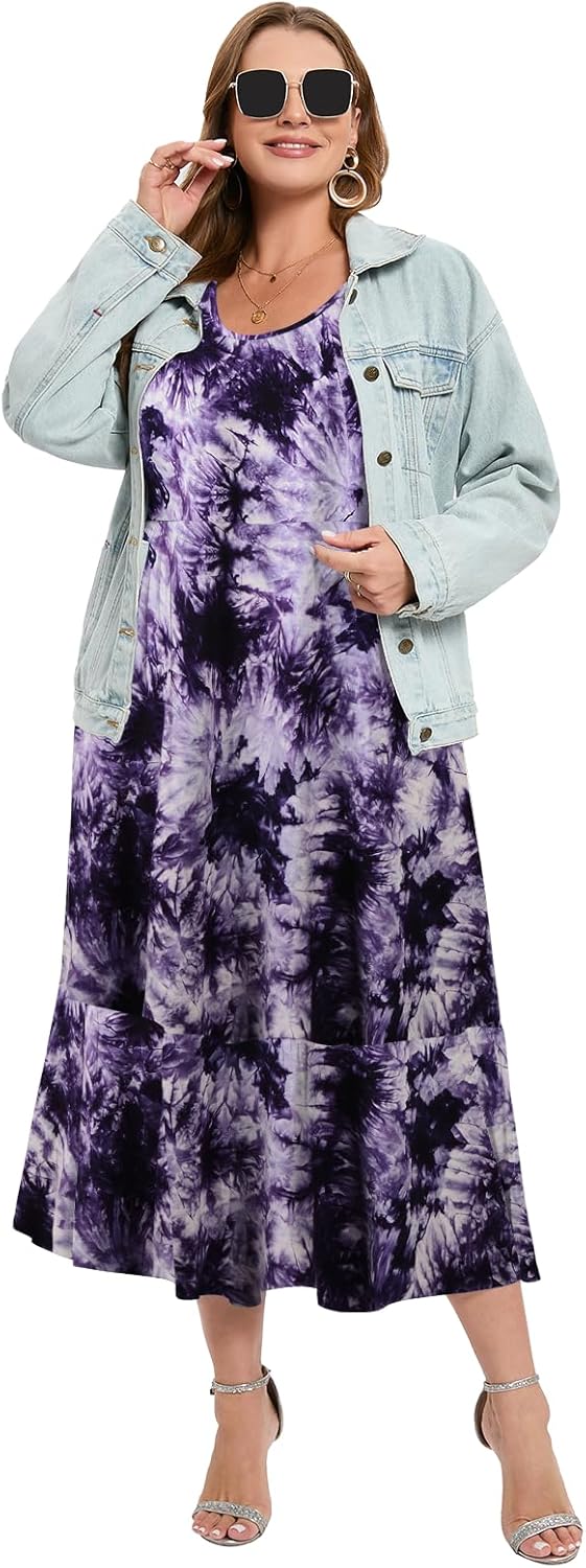 LARACE Plus Size Dresses for Women Summer Casual Short Sleeve Long Dress Flowy Maxi Beach Dresses with Pockets L-6XL