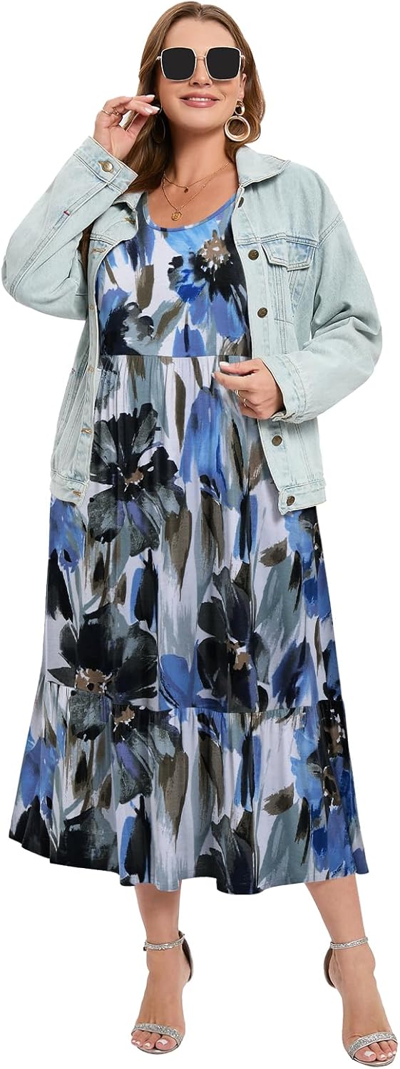 LARACE Plus Size Dresses for Women Summer Casual Short Sleeve Long Dress Flowy Maxi Beach Dresses with Pockets L-6XL