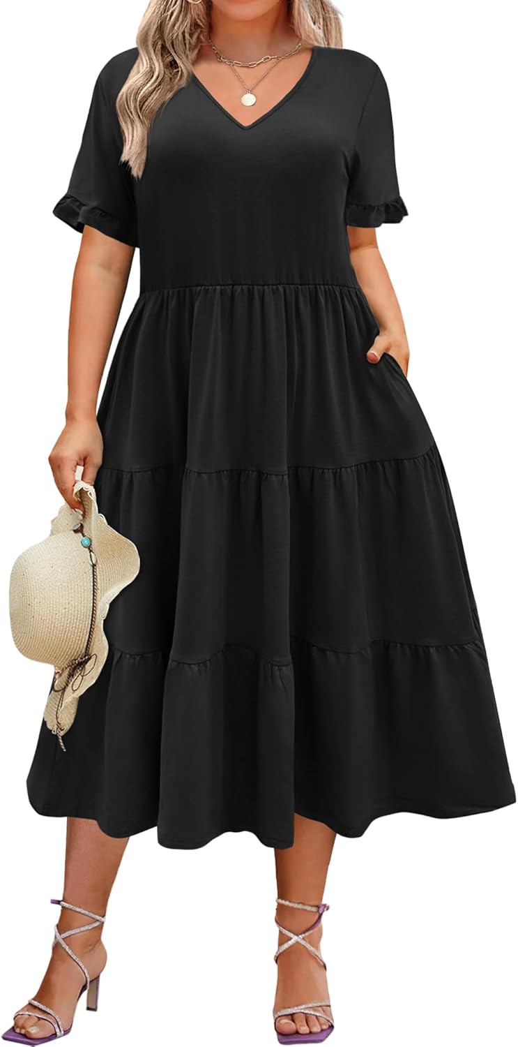 Womens Plus Size Short Sleeve Dress Summer Midi Casual Tiered V-Neck Aline Flowy Loose Dresses