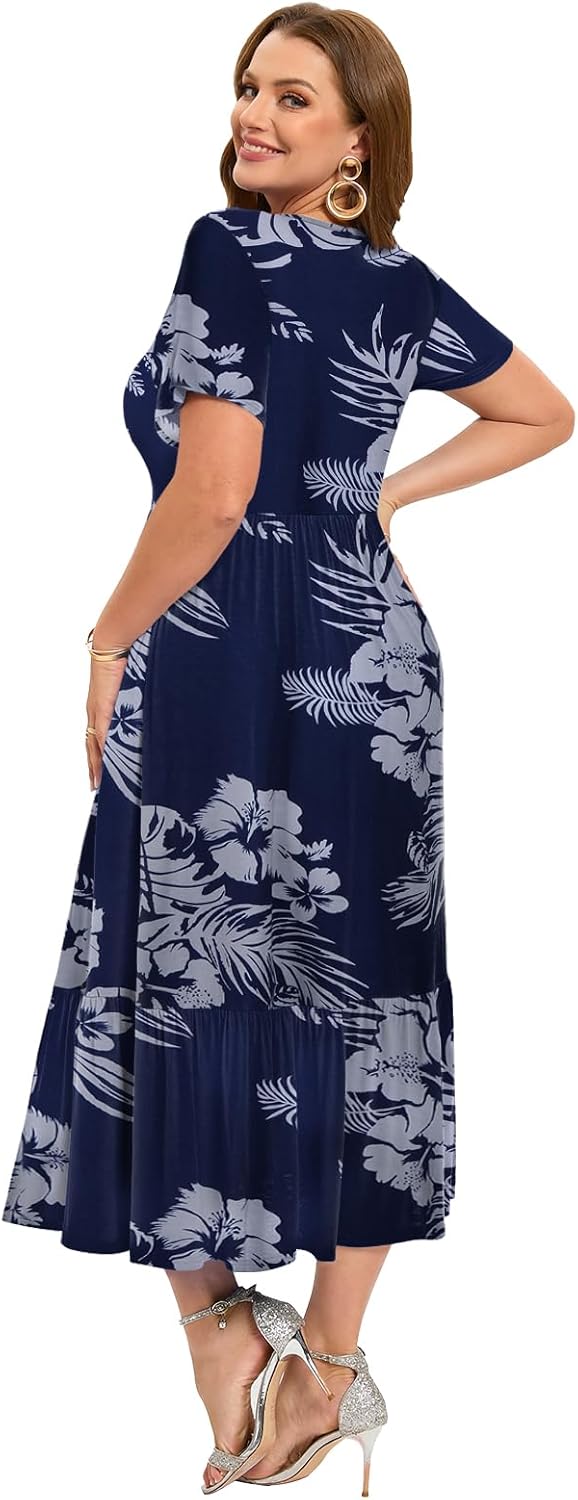LARACE Plus Size Dresses for Women Summer Casual Short Sleeve Long Dress Flowy Maxi Beach Dresses with Pockets L-6XL