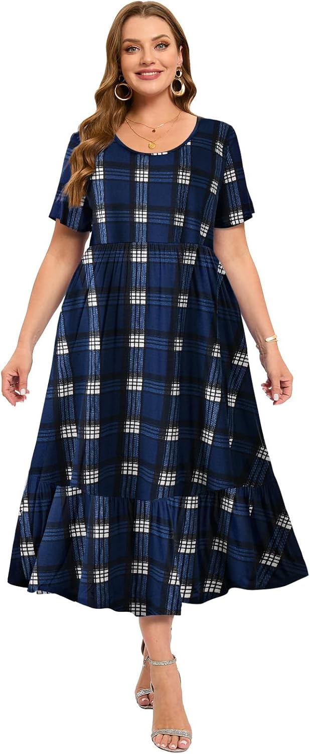 LARACE Plus Size Dresses for Women Summer Casual Short Sleeve Long Dress Flowy Maxi Beach Dresses with Pockets L-6XL