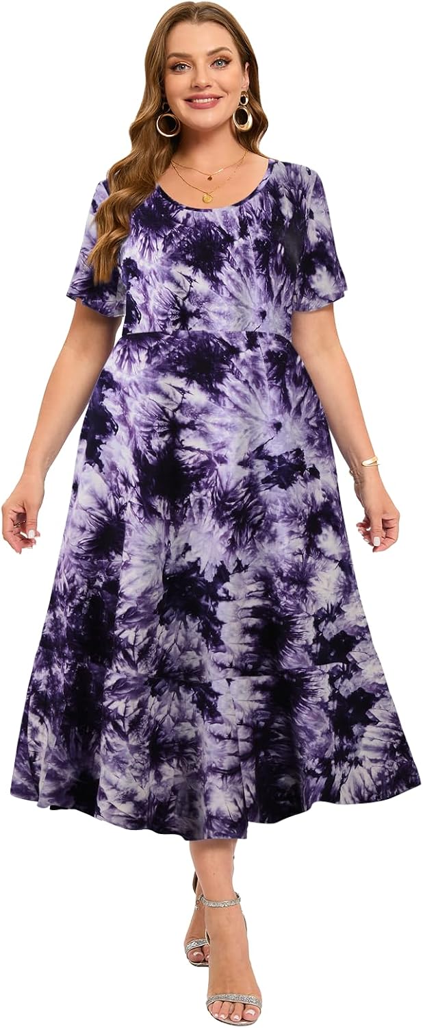 LARACE Plus Size Dresses for Women Summer Casual Short Sleeve Long Dress Flowy Maxi Beach Dresses with Pockets L-6XL