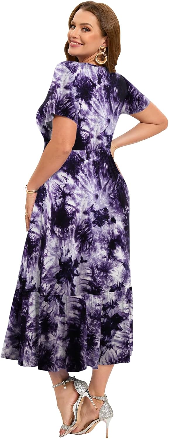 LARACE Plus Size Dresses for Women Summer Casual Short Sleeve Long Dress Flowy Maxi Beach Dresses with Pockets L-6XL