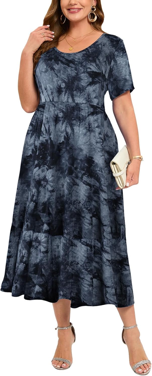 LARACE Plus Size Dresses for Women Summer Casual Short Sleeve Long Dress Flowy Maxi Beach Dresses with Pockets L-6XL