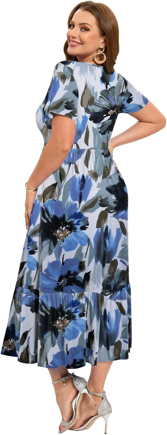 LARACE Plus Size Dresses for Women Summer Casual Short Sleeve Long Dress Flowy Maxi Beach Dresses with Pockets L-6XL