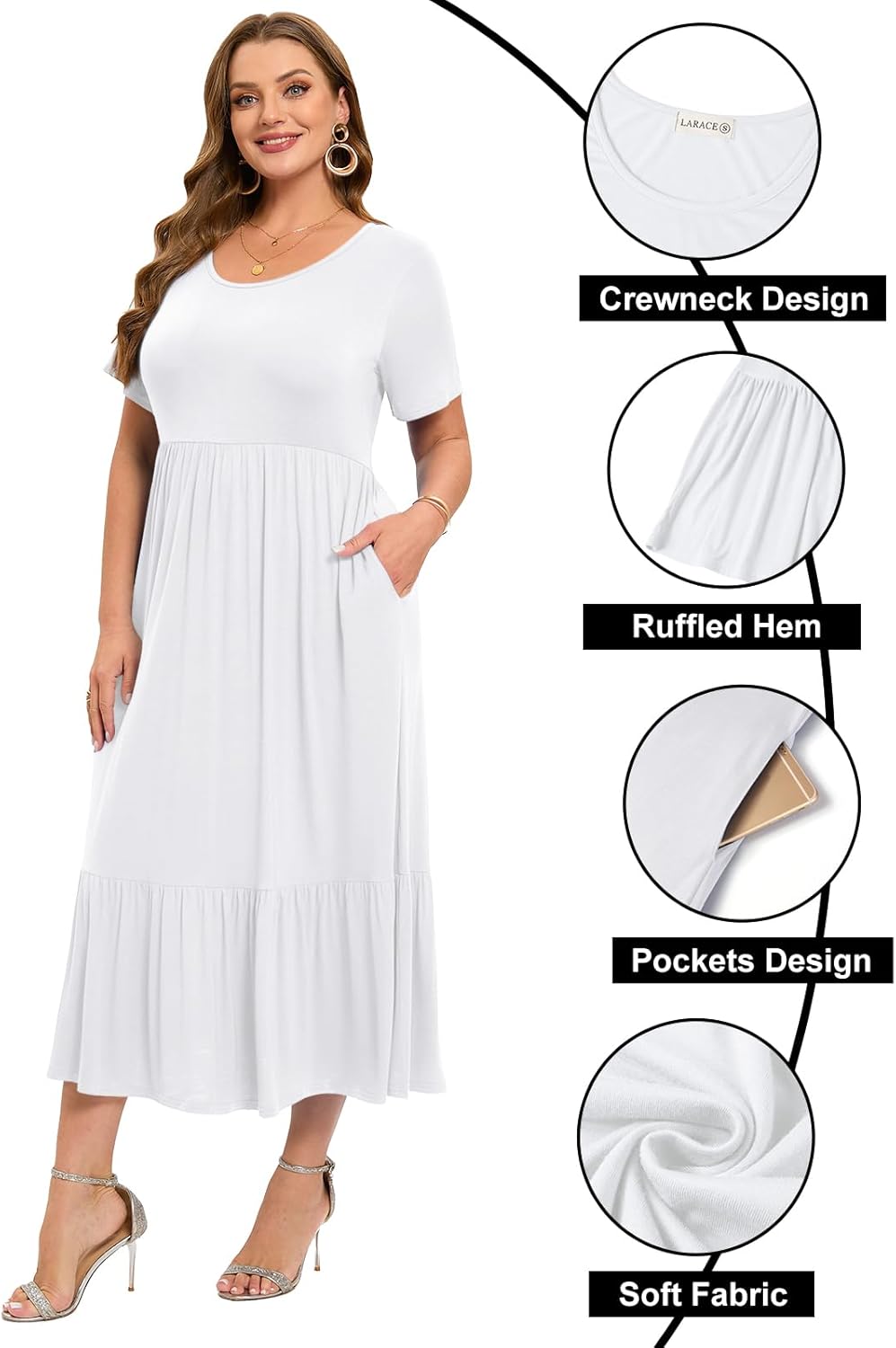 LARACE Plus Size Dresses for Women Summer Casual Short Sleeve Long Dress Flowy Maxi Beach Dresses with Pockets L-6XL