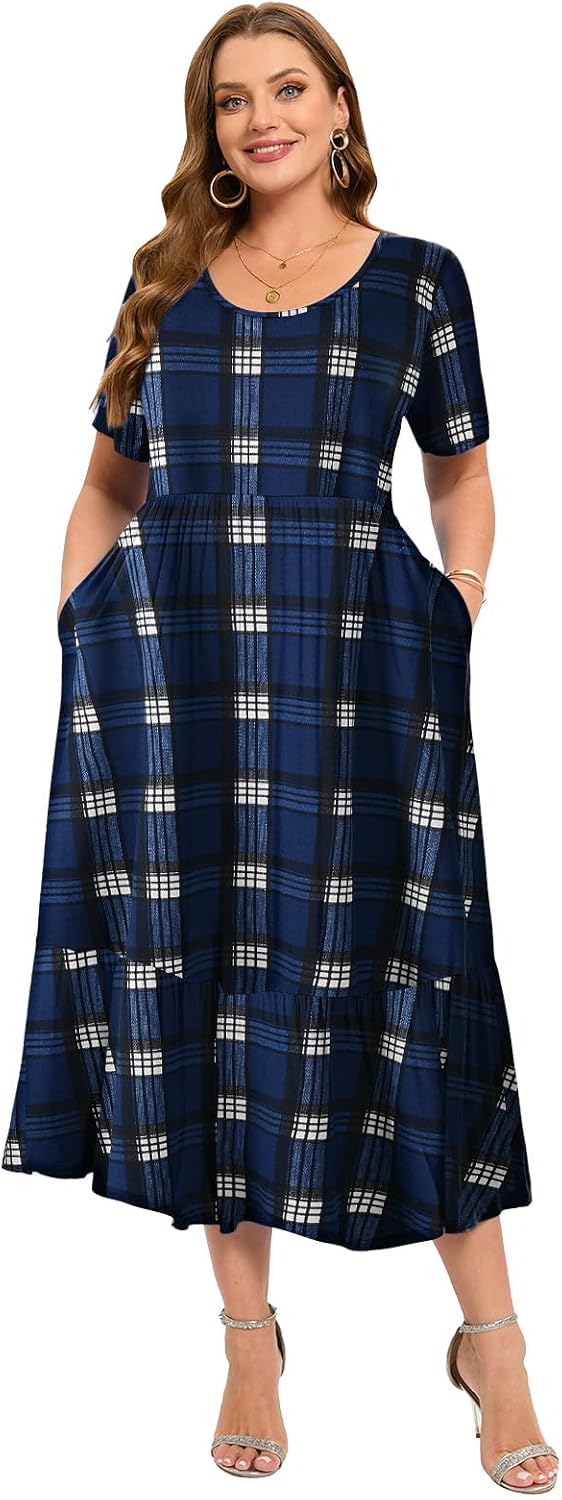 LARACE Plus Size Dresses for Women Summer Casual Short Sleeve Long Dress Flowy Maxi Beach Dresses with Pockets L-6XL