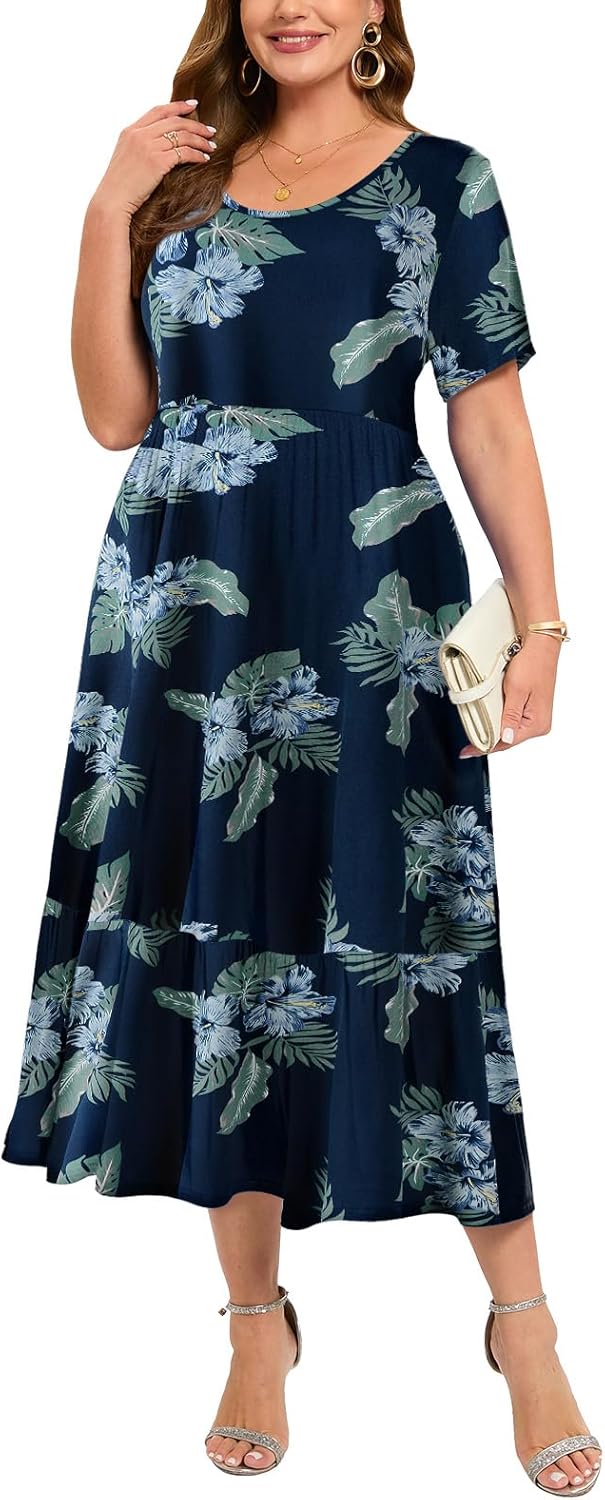 LARACE Plus Size Dresses for Women Summer Casual Short Sleeve Long Dress Flowy Maxi Beach Dresses with Pockets L-6XL