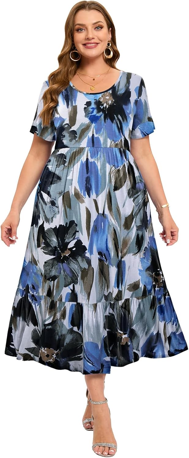 LARACE Plus Size Dresses for Women Summer Casual Short Sleeve Long Dress Flowy Maxi Beach Dresses with Pockets L-6XL