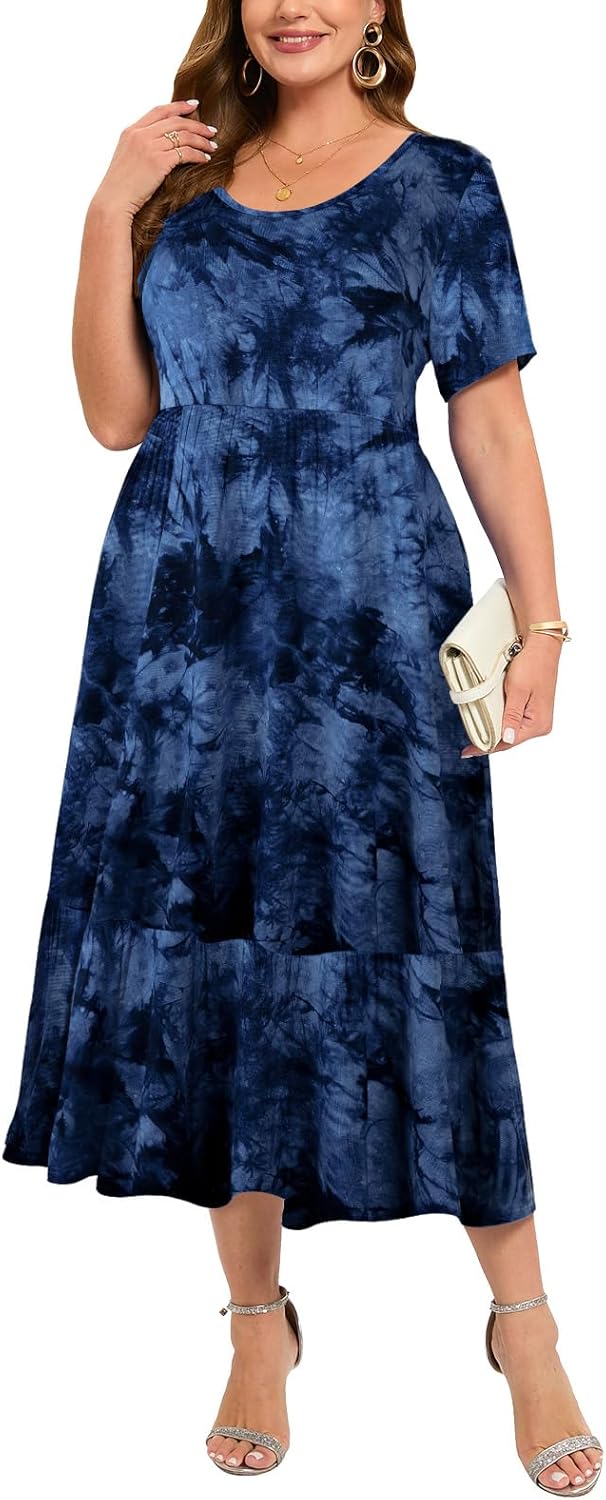 LARACE Plus Size Dresses for Women Summer Casual Short Sleeve Long Dress Flowy Maxi Beach Dresses with Pockets L-6XL