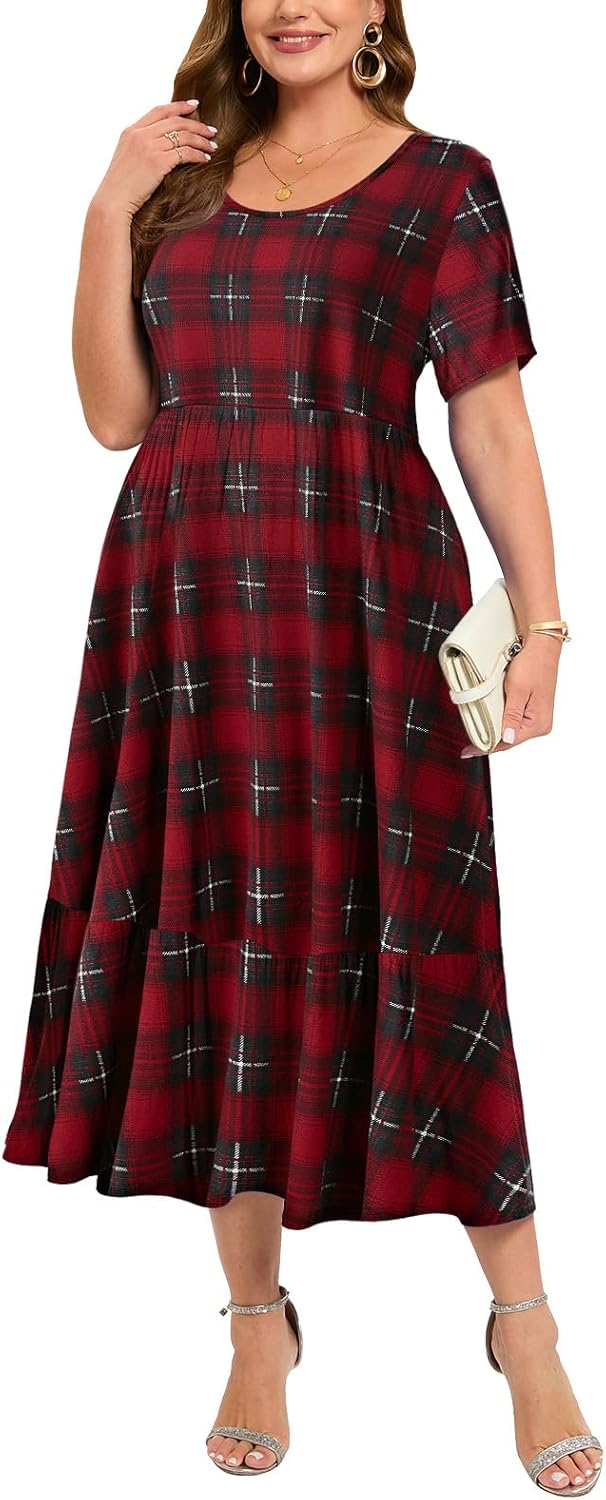 LARACE Plus Size Dresses for Women Summer Casual Short Sleeve Long Dress Flowy Maxi Beach Dresses with Pockets L-6XL