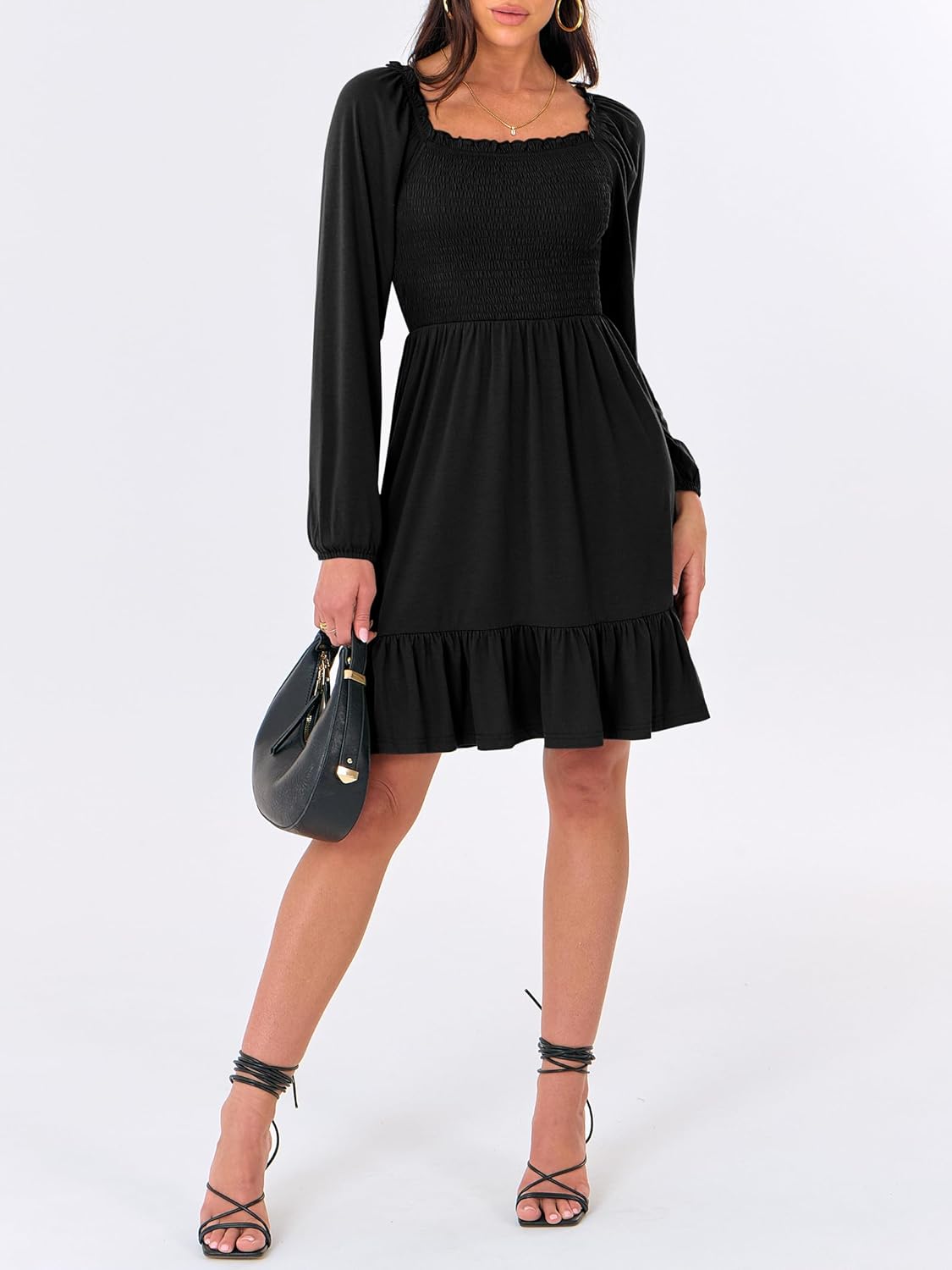 Womens Long Lantern Sleeve Square Neck Dress Smocked Tiered High Waist Ruffle Flowy Swing 2025