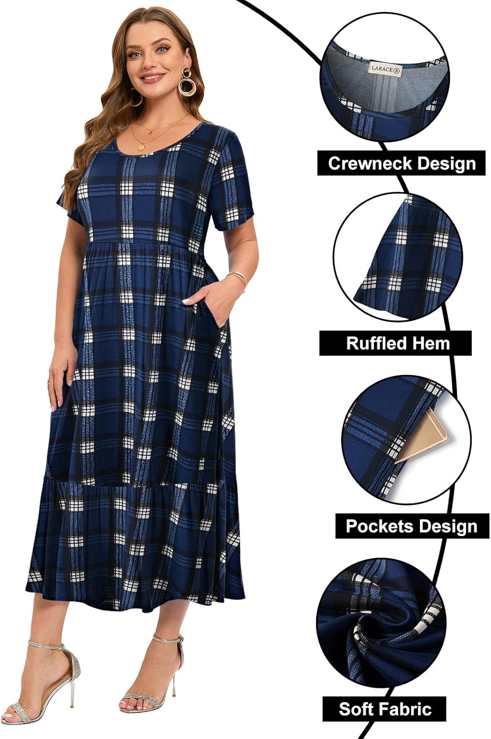 LARACE Plus Size Dresses for Women Summer Casual Short Sleeve Long Dress Flowy Maxi Beach Dresses with Pockets L-6XL