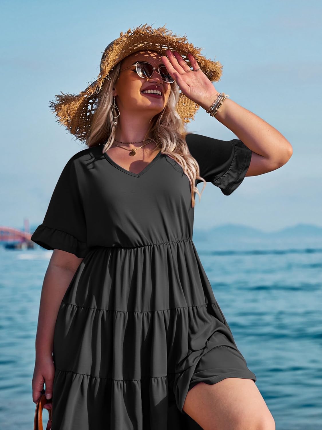Womens Plus Size Short Sleeve Dress Summer Midi Casual Tiered V-Neck Aline Flowy Loose Dresses