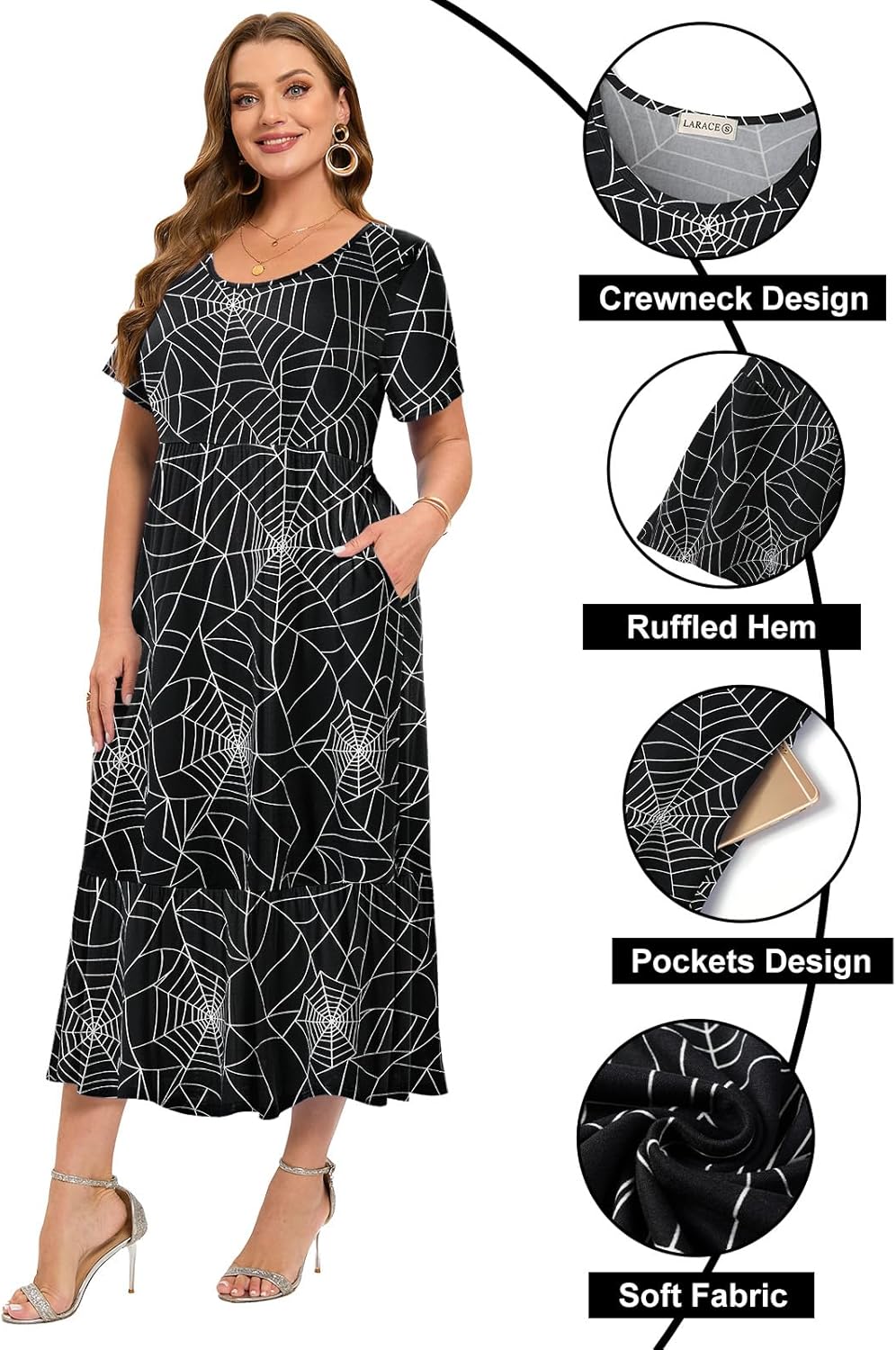 LARACE Plus Size Dresses for Women Summer Casual Short Sleeve Long Dress Flowy Maxi Beach Dresses with Pockets L-6XL
