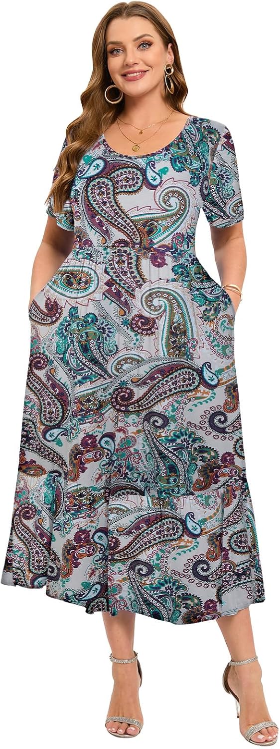 LARACE Plus Size Dresses for Women Summer Casual Short Sleeve Long Dress Flowy Maxi Beach Dresses with Pockets L-6XL