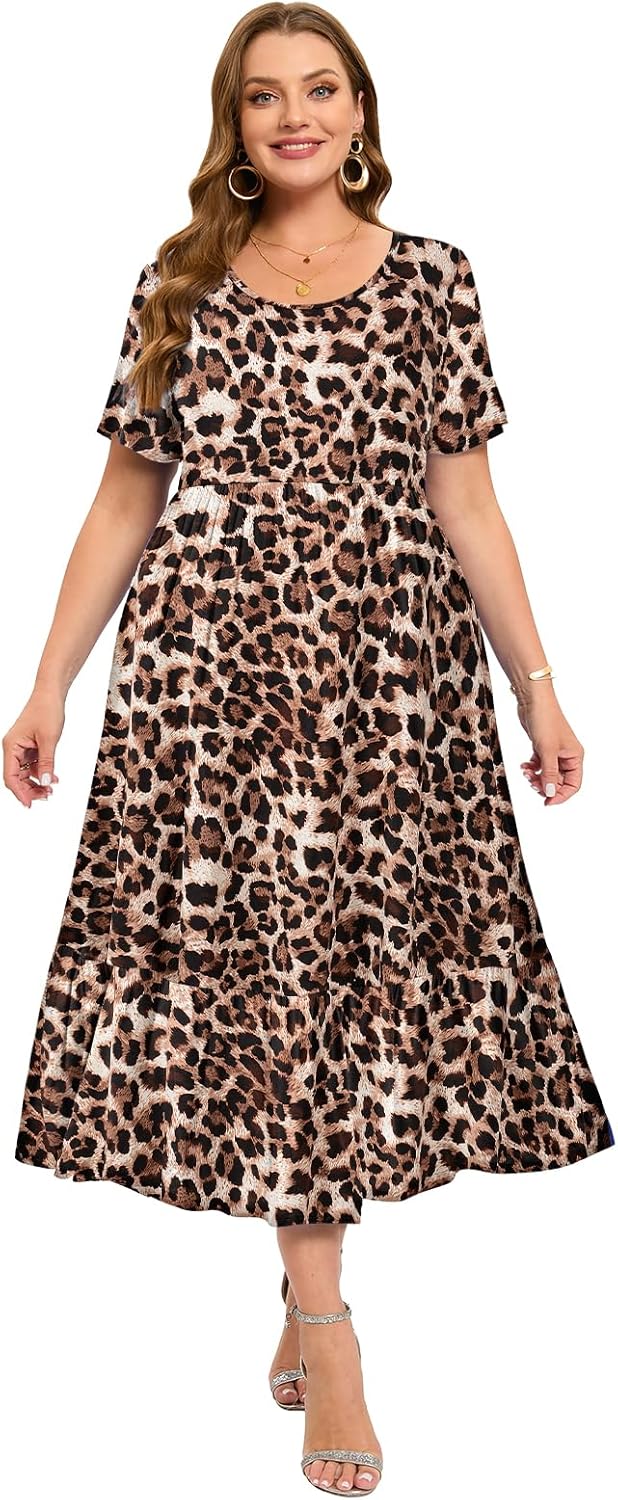 LARACE Plus Size Dresses for Women Summer Casual Short Sleeve Long Dress Flowy Maxi Beach Dresses with Pockets L-6XL