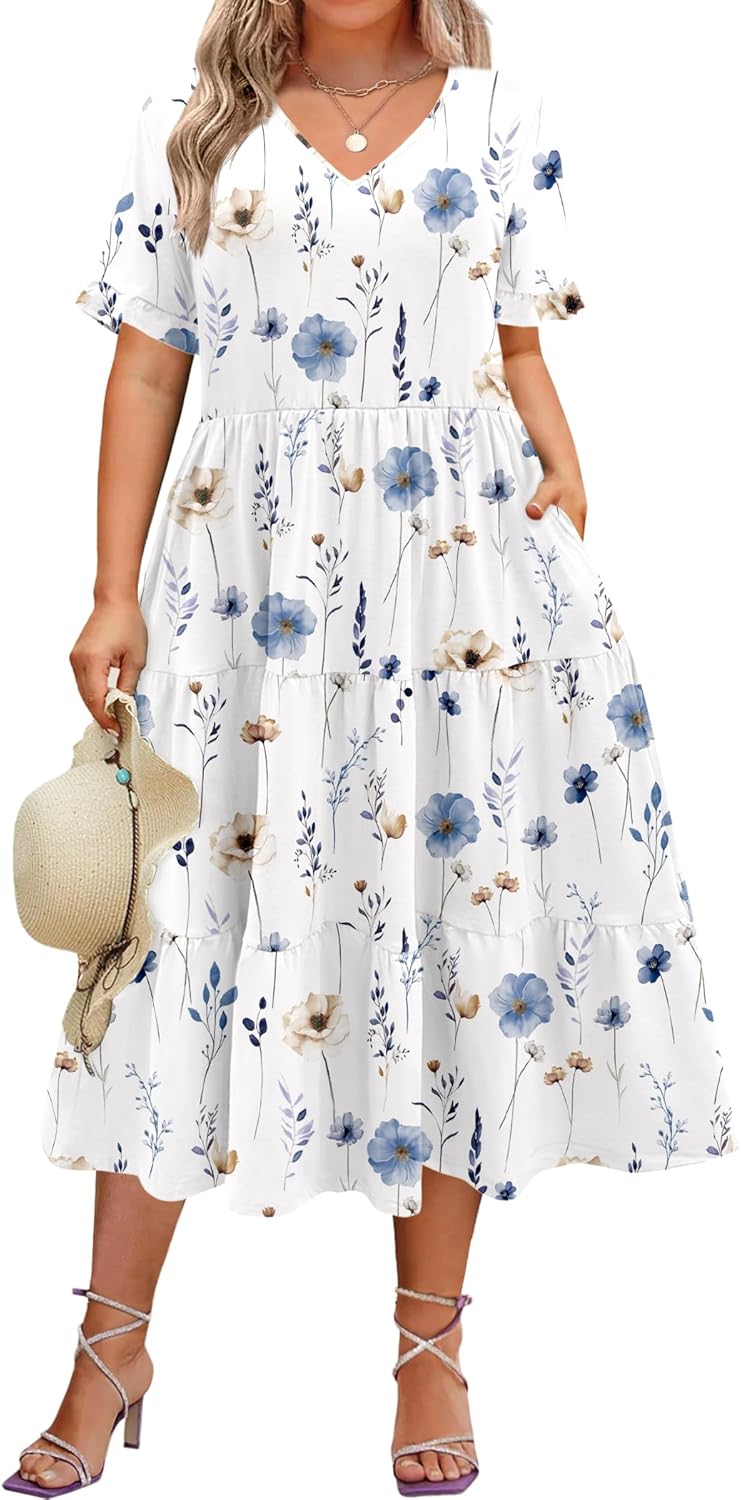 Womens Plus Size Short Sleeve Dress Summer Midi Casual Tiered V-Neck Aline Flowy Loose Dresses