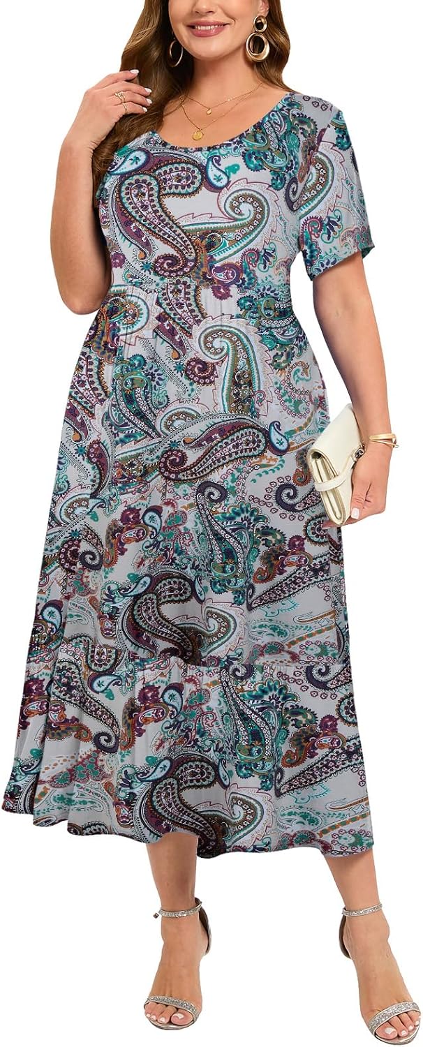 LARACE Plus Size Dresses for Women Summer Casual Short Sleeve Long Dress Flowy Maxi Beach Dresses with Pockets L-6XL