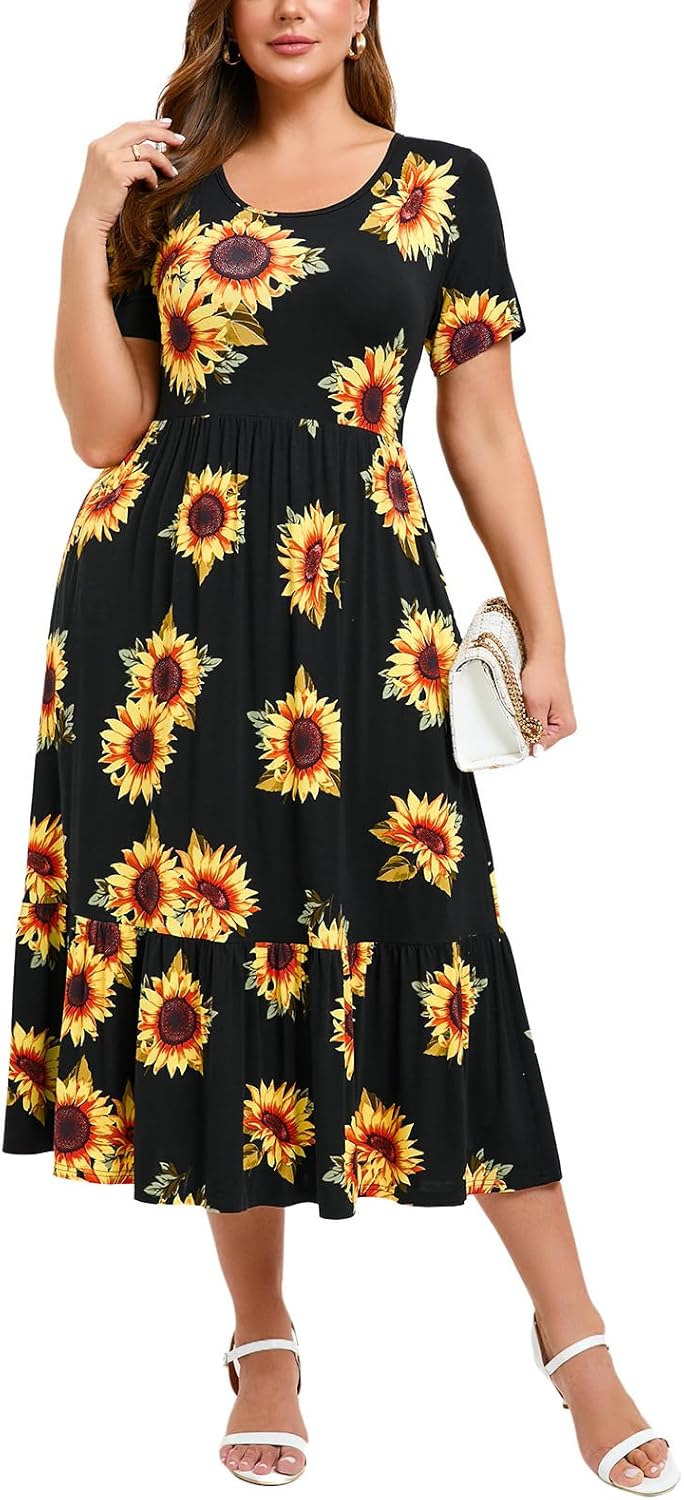 LARACE Plus Size Dresses for Women Summer Casual Short Sleeve Long Dress Flowy Maxi Beach Dresses with Pockets L-6XL