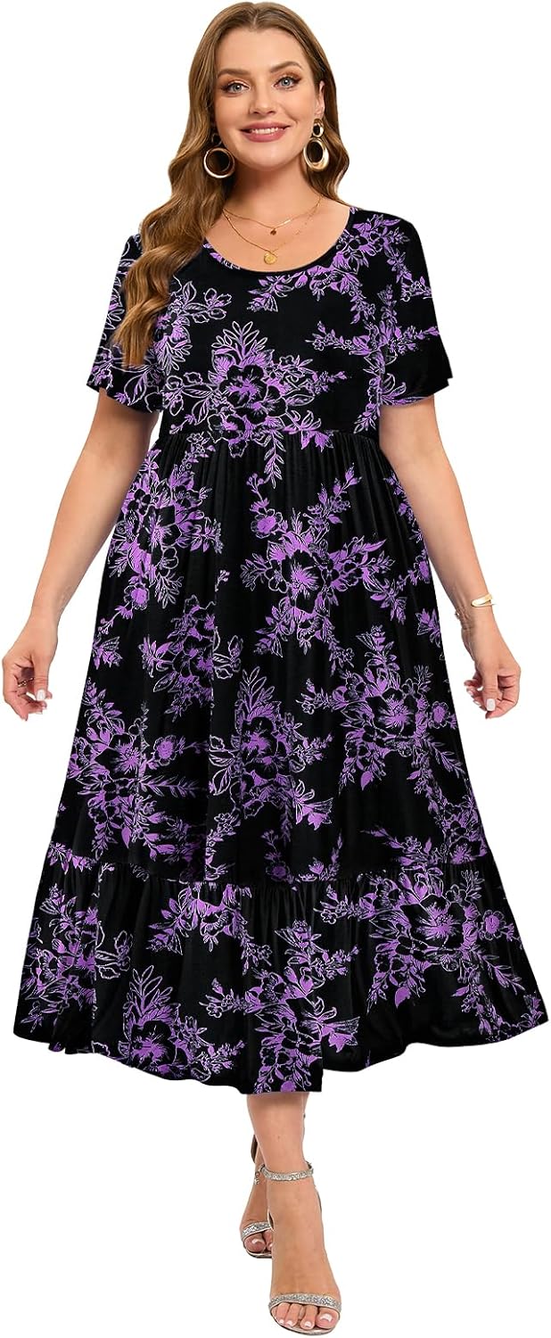 LARACE Plus Size Dresses for Women Summer Casual Short Sleeve Long Dress Flowy Maxi Beach Dresses with Pockets L-6XL