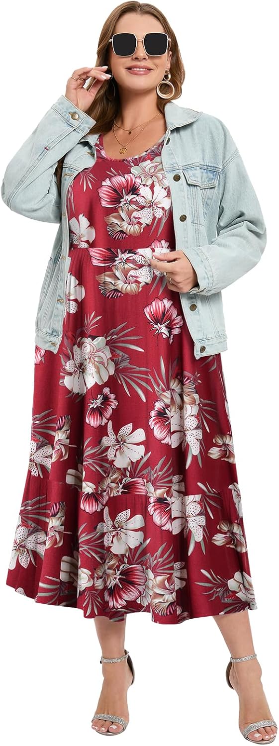 LARACE Plus Size Dresses for Women Summer Casual Short Sleeve Long Dress Flowy Maxi Beach Dresses with Pockets L-6XL