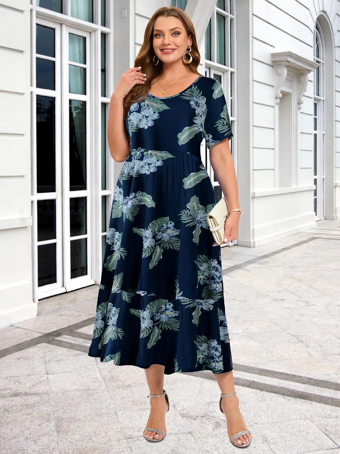 LARACE Plus Size Dresses for Women Summer Casual Short Sleeve Long Dress Flowy Maxi Beach Dresses with Pockets L-6XL