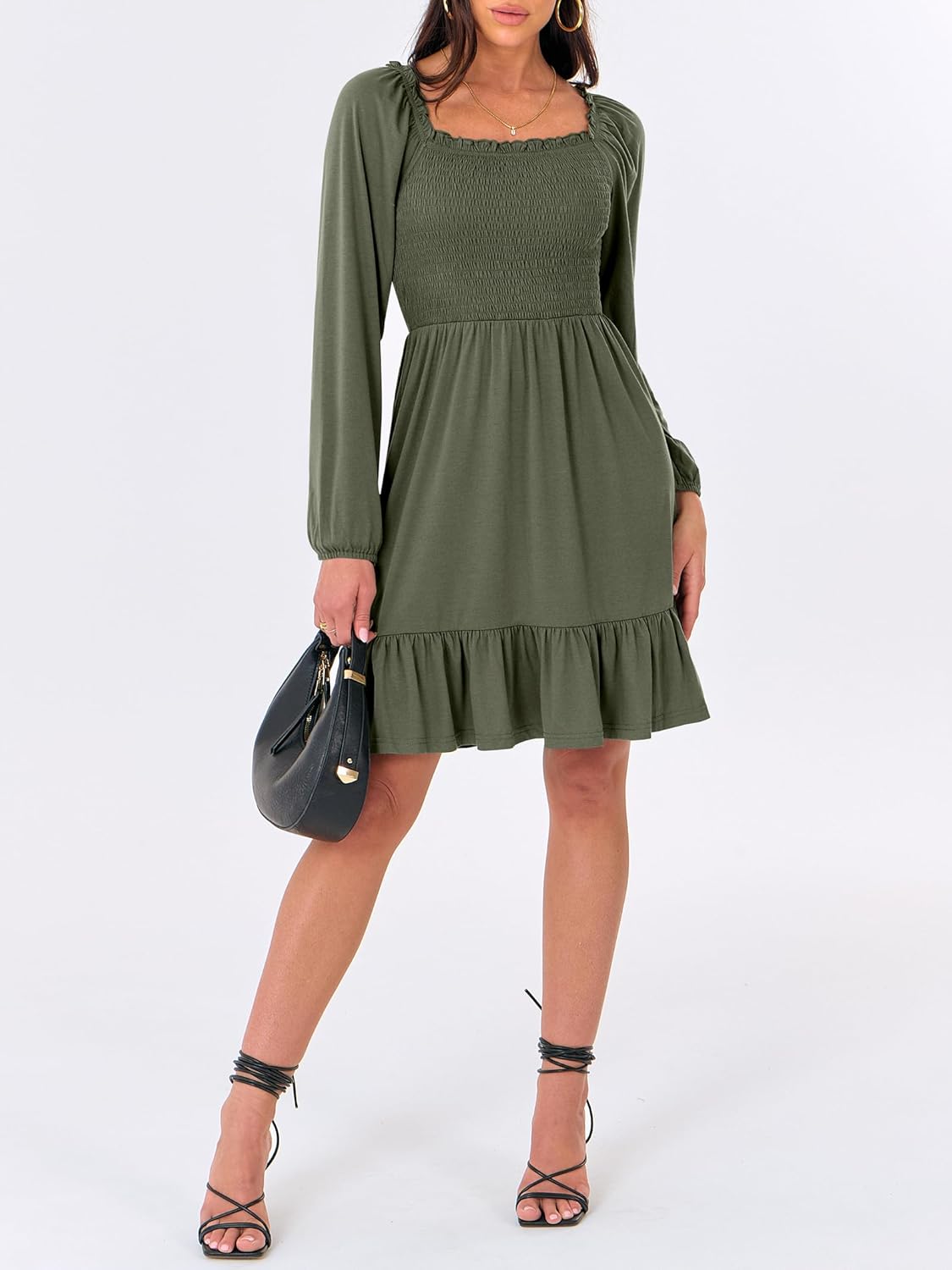 Womens Long Lantern Sleeve Square Neck Dress Smocked Tiered High Waist Ruffle Flowy Swing 2025