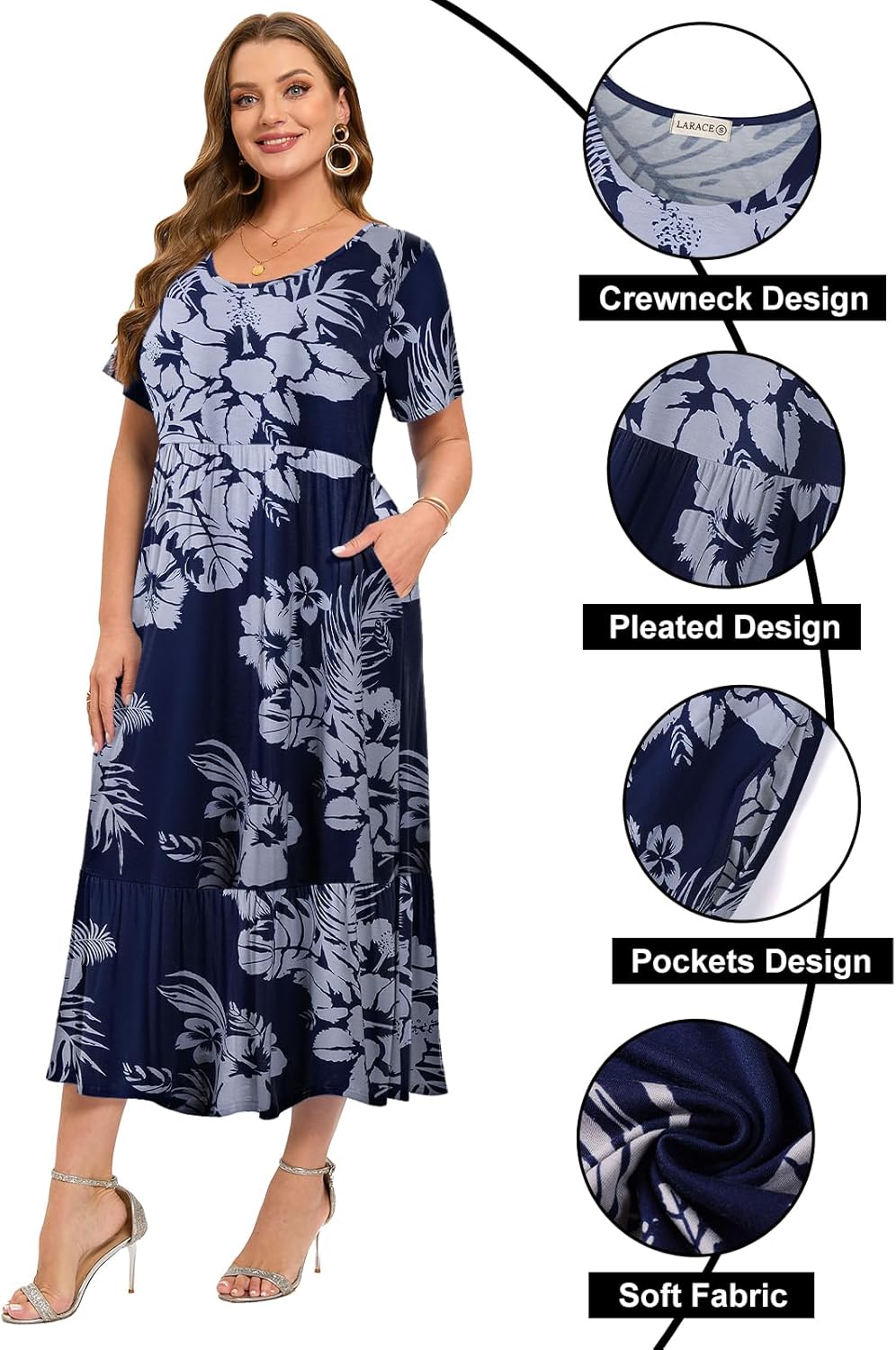 LARACE Plus Size Dresses for Women Summer Casual Short Sleeve Long Dress Flowy Maxi Beach Dresses with Pockets L-6XL