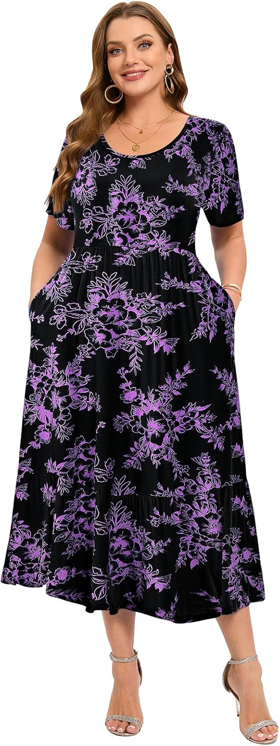 LARACE Plus Size Dresses for Women Summer Casual Short Sleeve Long Dress Flowy Maxi Beach Dresses with Pockets L-6XL
