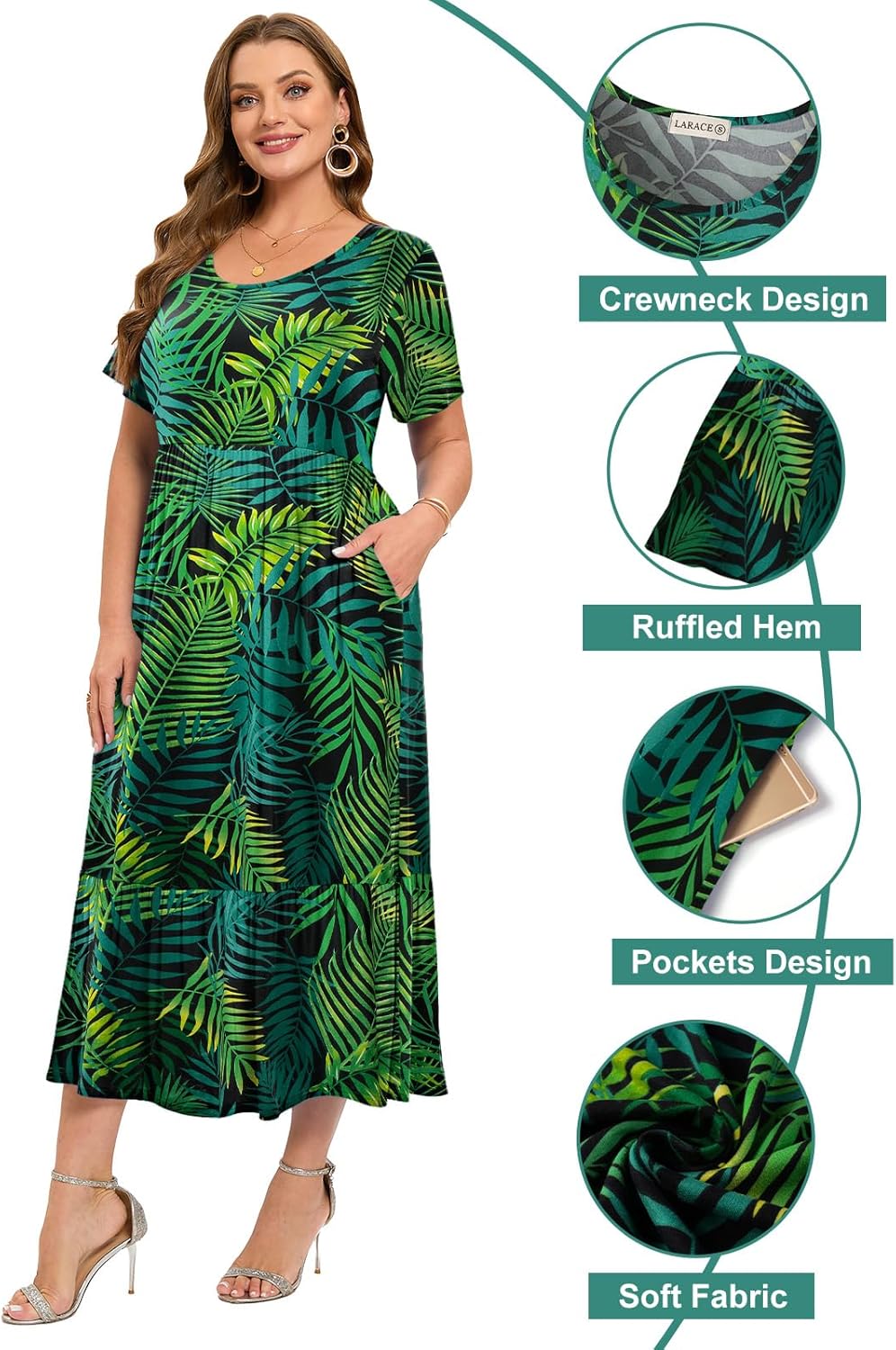 LARACE Plus Size Dresses for Women Summer Casual Short Sleeve Long Dress Flowy Maxi Beach Dresses with Pockets L-6XL