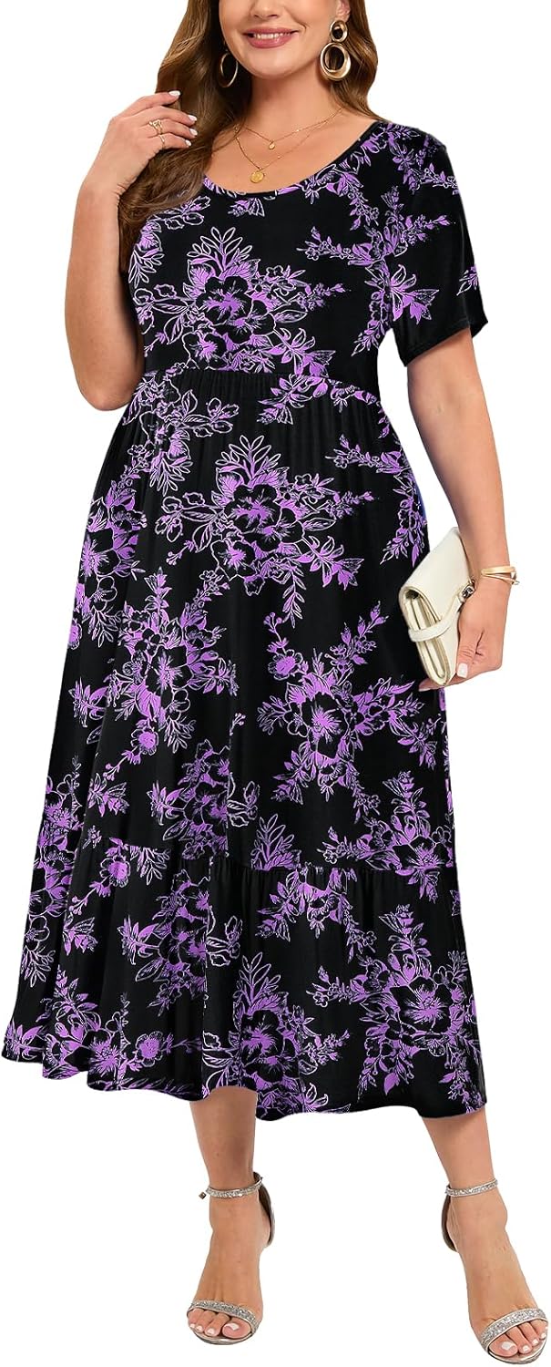 LARACE Plus Size Dresses for Women Summer Casual Short Sleeve Long Dress Flowy Maxi Beach Dresses with Pockets L-6XL