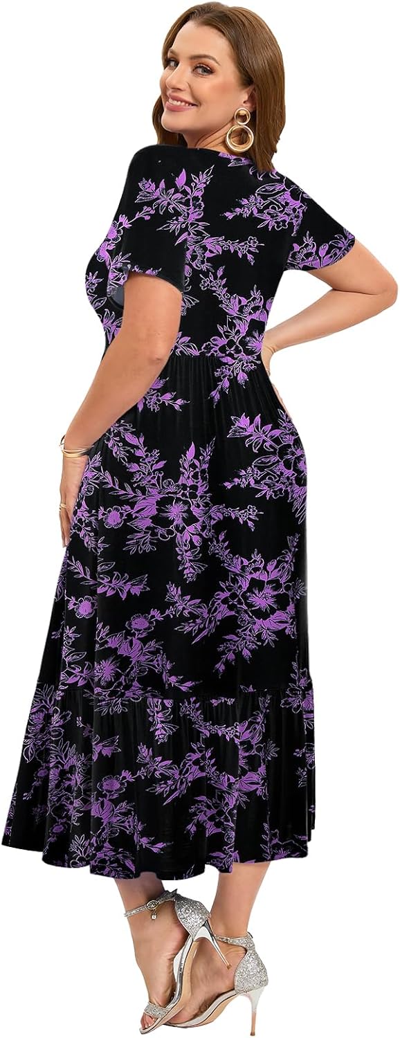 LARACE Plus Size Dresses for Women Summer Casual Short Sleeve Long Dress Flowy Maxi Beach Dresses with Pockets L-6XL