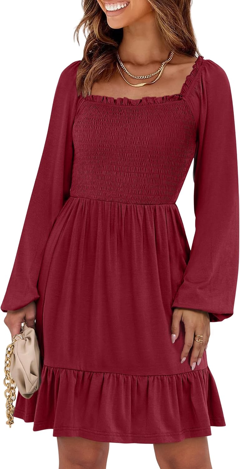 Womens Long Lantern Sleeve Square Neck Dress Smocked Tiered High Waist Ruffle Flowy Swing 2025
